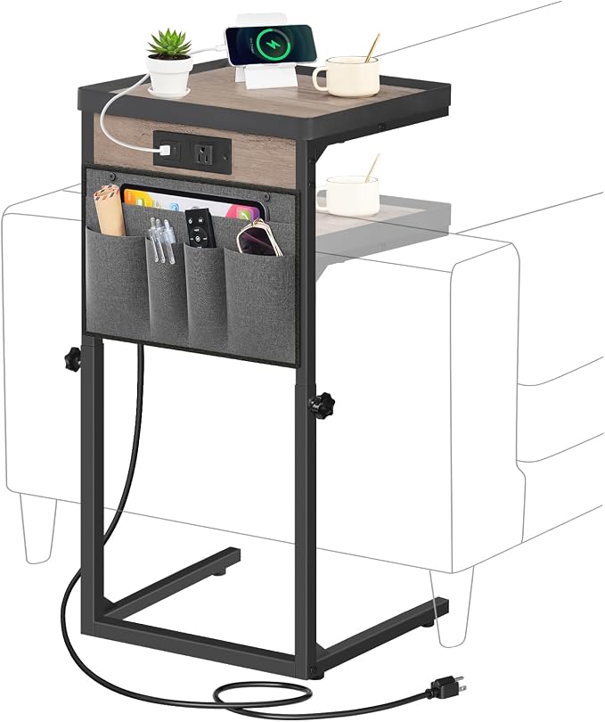HOOBRO C-Shaped End Table with Charging Station, 29.5” Adjustable Height Side by HOOBRO