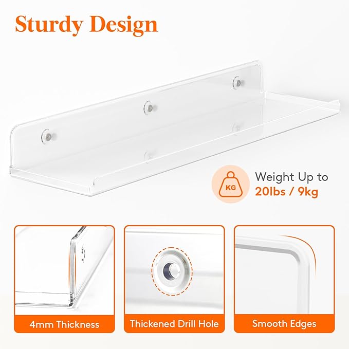 Lifewit Floating Shelves for Wall, 6 Pack 15" Clear Acrylic Shelf Room Decor - Image 4