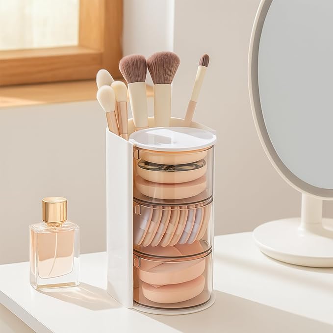 Rotating Makeup Organizer with Brush Holder, DIY 3-Layers Drawer Skincare & by HMTIY