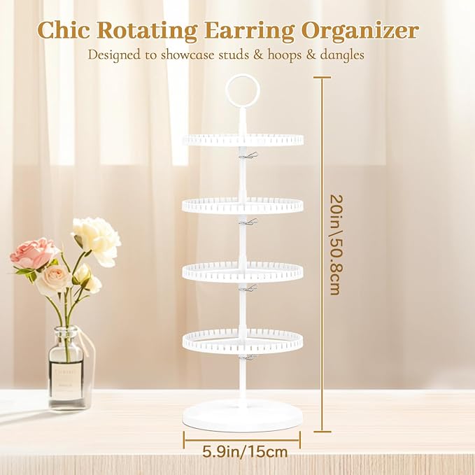 MODOWEY Rotating Earring Holder Organizer Adjustable Display, 4 Tiers White | - Image 3