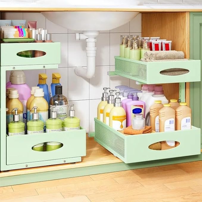Under Sink Organizer, L-Shaped Adjustable Height, Mesh Sliding Drawer by Kitstorack