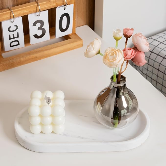 Koville White Marble Oval Tray for Bathroom Countertop, Stone Perfume Organizer - Image 4