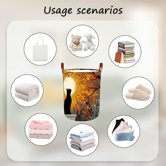 Laundry Baskets 15.7x19.7 Inch Black Cat Autumn Sunset Tree Design Collapsible - Image 4