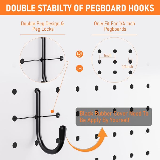 INCLY 176PCS Extra Thick Pegboard Hooks, 1/4" Heavy Duty Black Metal Peg Board - Image 5