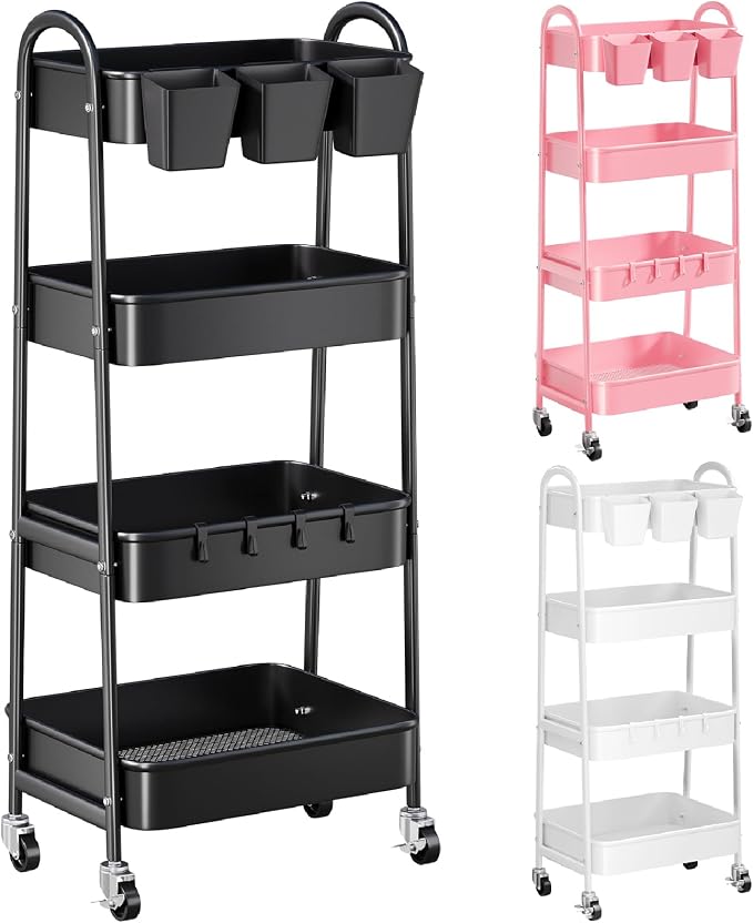 Black 4 Tier Rolling Cart Metal by Recximi