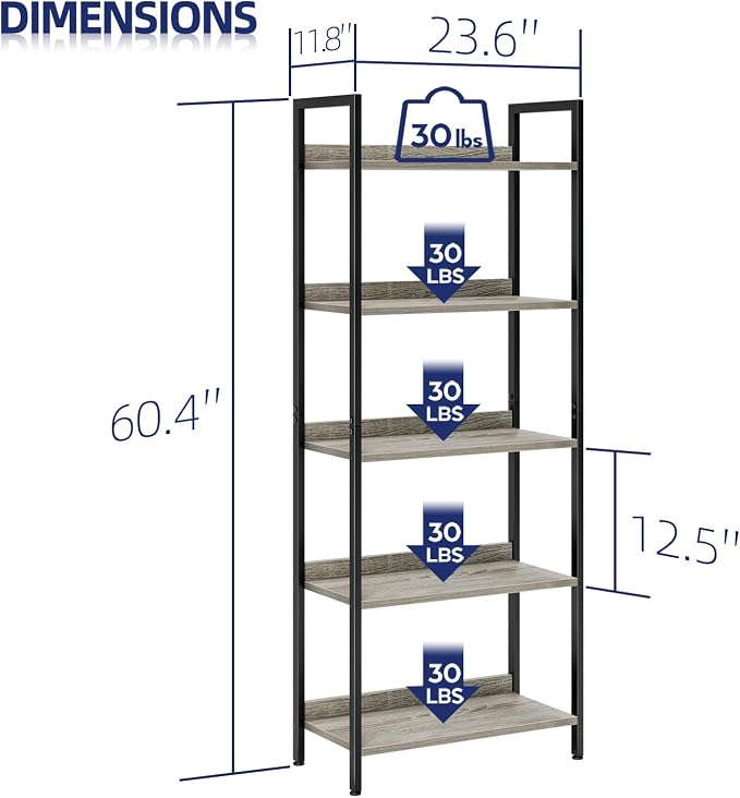 NUMENN Bookshelf, 5 Tier Freestanding Shelving Unit, Falling Prevention Baffle - Image 3