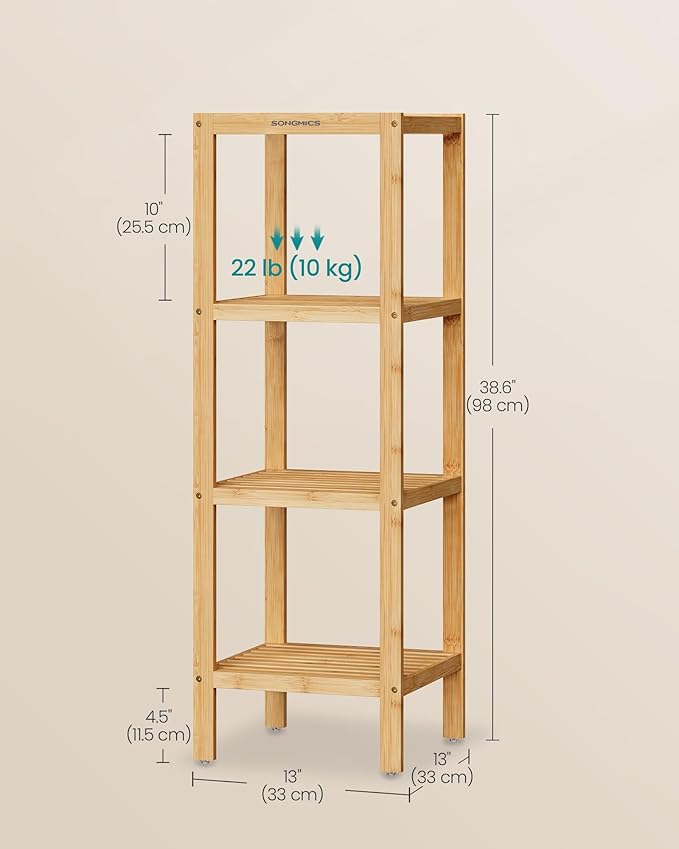 SONGMICS 4-Tier Bamboo Shelf, Narrow Bathroom Shelf, Standing Towel Rack - Image 3