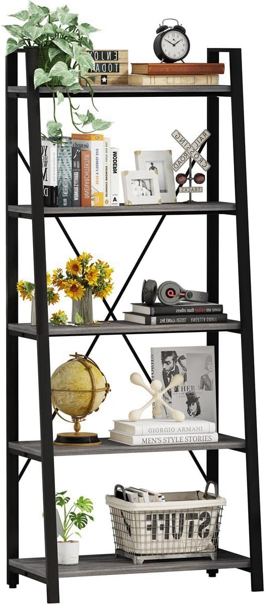 BON AUGURE 5-Tier Ladder Shelf, Industrial Leaning Bookcase, Wood and Metal by BONAUGURE