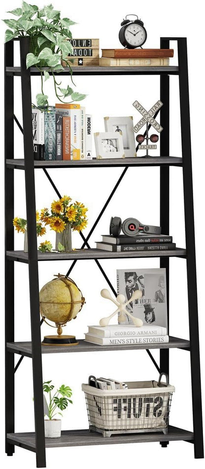 BON AUGURE 5-Tier Ladder Shelf, Industrial Leaning Bookcase, Wood and Metal by BONAUGURE