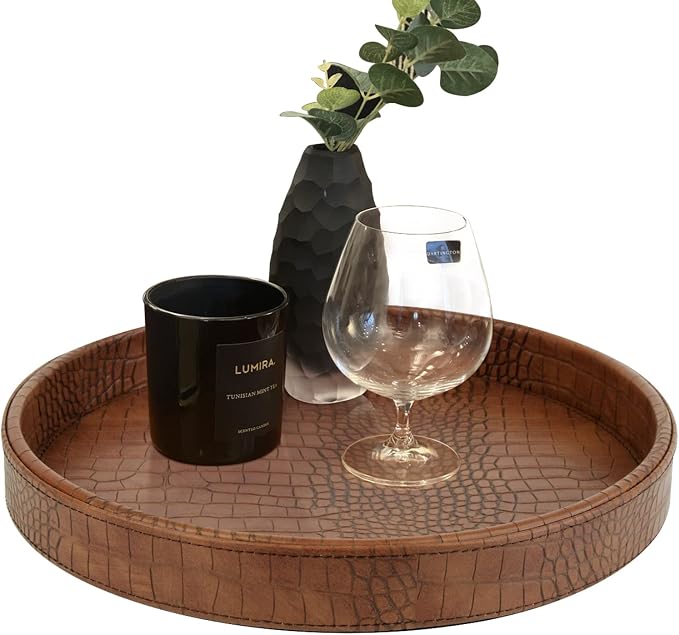 HofferRuffer Faux Leather Round Serving Tray, Vegan Croco Leather Decorative by HofferRuffer