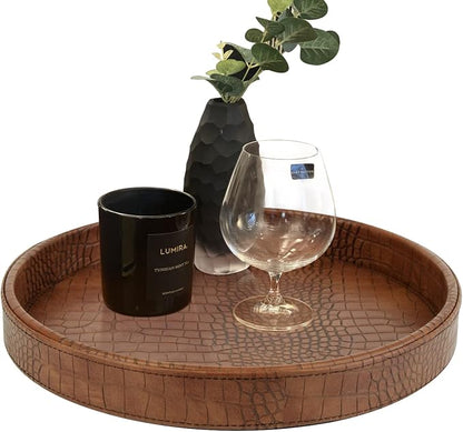 HofferRuffer Faux Leather Round Serving Tray, Vegan Croco Leather Decorative by HofferRuffer
