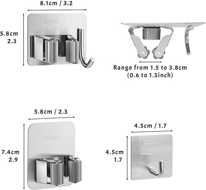 Daily Treasures 6 Pcs Stainless Steel Broom Holder Wall Mount Self Adhesive - Image 7