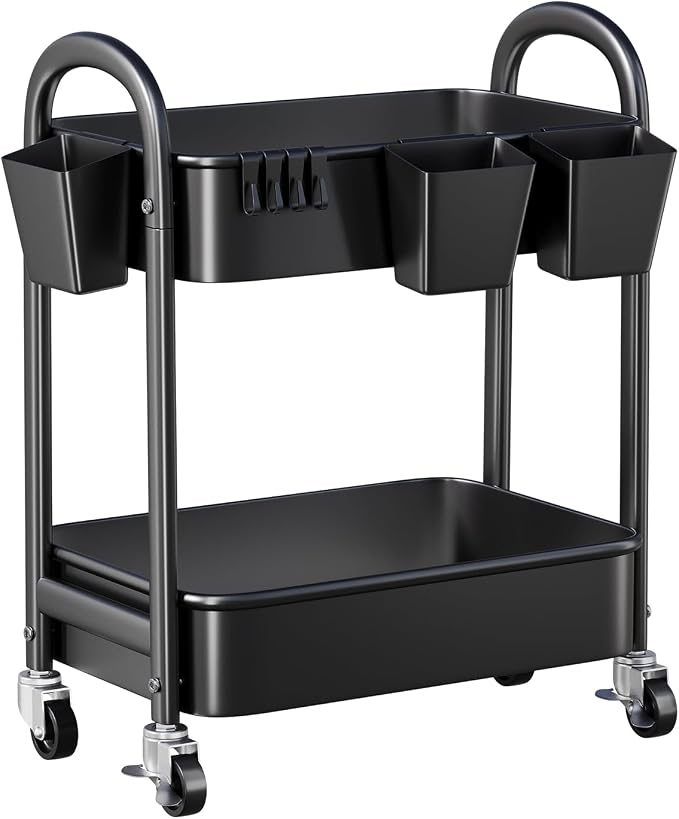 2 Tier Rolling Cart Metal on Wheels, Two Tiered Short Storage Side Table by Recximi