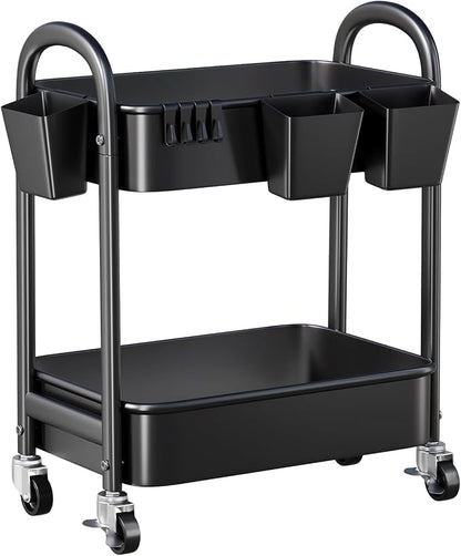 2 Tier Rolling Cart Metal on Wheels, Two Tiered Short Storage Side Table - Image 8