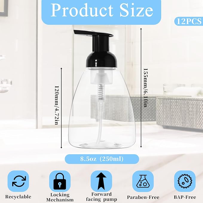 12 Pack Foam Soap Dispenser, 8oz/250ml Refillable Pump Bottle Dispenser Clear - Image 4