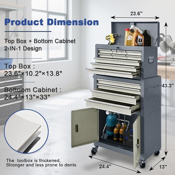 Tool Chest 13-Drawer with Double Door Handle, 2 in 1 Detachable Rolling Tool - Image 3