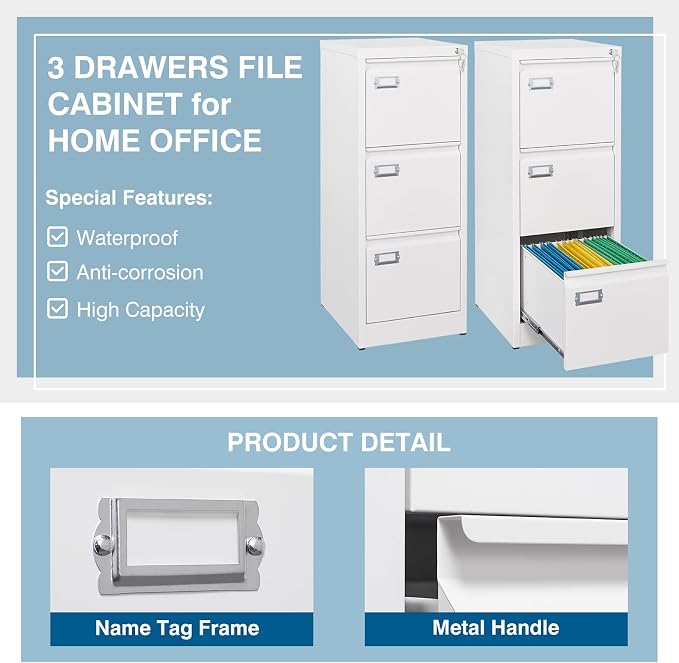 3-Drawer File Cabinet with Lock, 16.3" Deep Vertical Filing Cabinets, Metal - Image 5