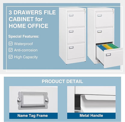 3-Drawer File Cabinet with Lock, 16.3" Deep Vertical Filing Cabinets, Metal - Image 5