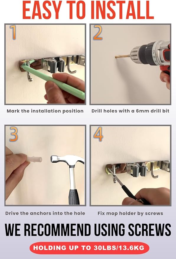 Mop and Broom Holder Wall Mount, Upgraded Broom Hanger Wall Mount, Stainless - Image 5