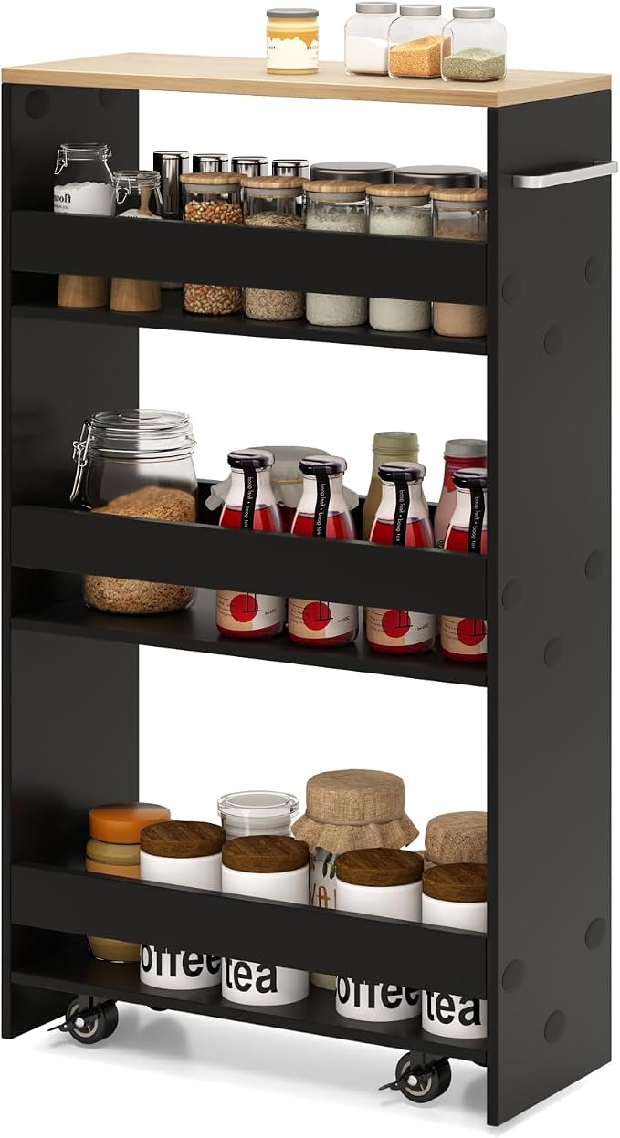 Slim Rolling Storage Cart, 4 Tier Narrow Kitchen Cart by SILKYDRY
