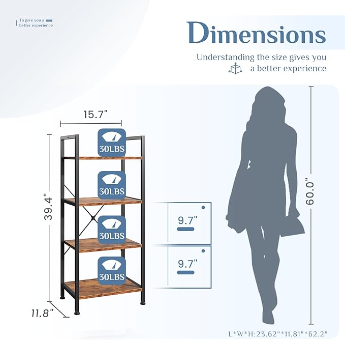 DUMOS 4-Tier Bookshelf, Tall Bookcase, Storage Organizer | Open Storage Display - Image 3