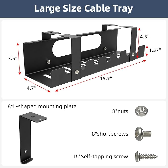 2 Pack Cable Management Under Desk Tray, Adjustable Length Large Cord Organizer - Image 3