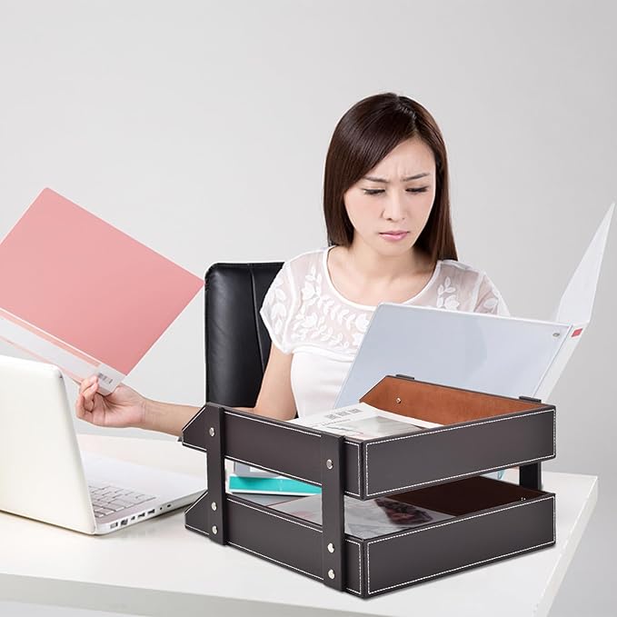 Leather Desk Organizer, 2-Tier Stackable Letter Tray Holder, Office Supplies - Image 3