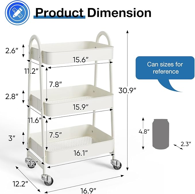 DUMOS 3 Tiers Metal Rolling Utility Cart - Image 2