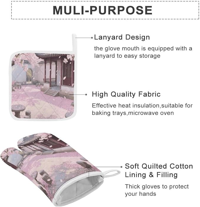 Cherry Blossom Garden Oven Mitts and Pot Holders 3pcs Set | Polyester Heat - Image 3