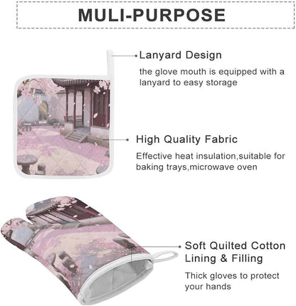 Cherry Blossom Garden Oven Mitts and Pot Holders 3pcs Set | Polyester Heat - Image 3