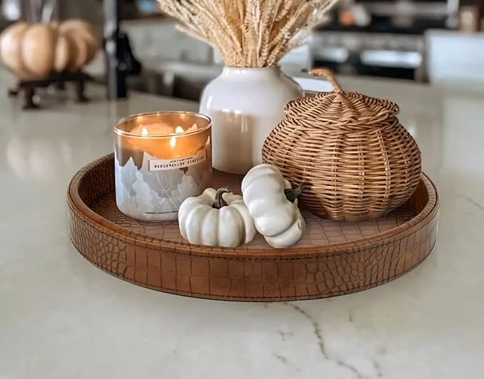 HofferRuffer Faux Leather Round Serving Tray, Vegan Croco Leather Decorative - Image 9