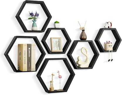 CADUKE Hexagonal Floating Shelves Set of 6, Wood Storage, Honeycomb Shelf by CADUKE