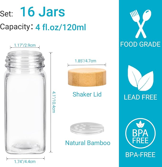 4 oz Glass Spice Jars with Bamboo Lids, 16 Pack Spice Bottles | 120ml Seasoning - Image 2