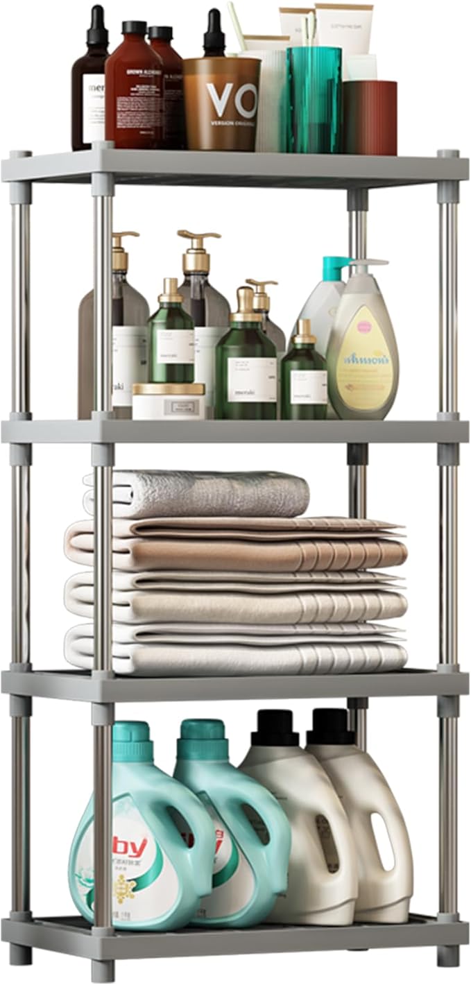 4 Tier Gray Plastic and Metal Standing Shelf Units, Durable Storage Shelves by LEAIJIAFY