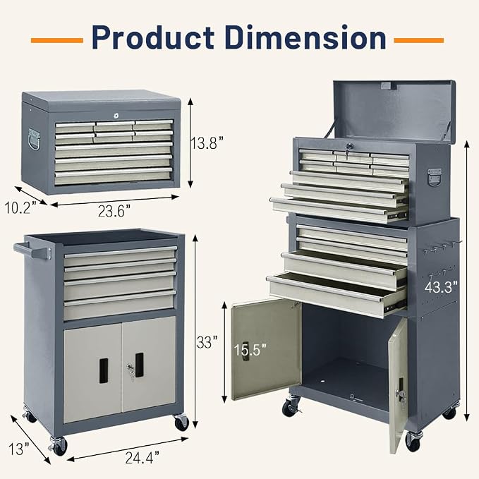 13-Drawer Double Door Rolling Tool Chest, 2 in 1 Detachable Tool Chest - Image 3
