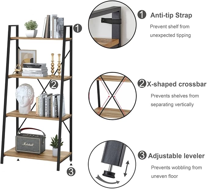 BON AUGURE Farmhouse Ladder Shelf Bookcase, 4 Tier Rustic Ladder Bookshelf - Image 5