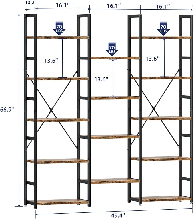 NUMENN Triple Column 5 Tier Bookshelf, Bookcase - Image 3