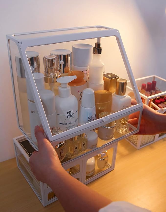 MOOCHI White Vintage Glass Cosmetic Makeup Organizer 3 Drawers Set Dust - Image 5