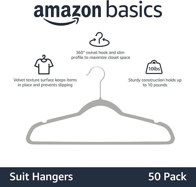 Amazon Basics Slim Velvet Non-Slip Space Saving Suit Clothes Hangers, Closet - Image 2