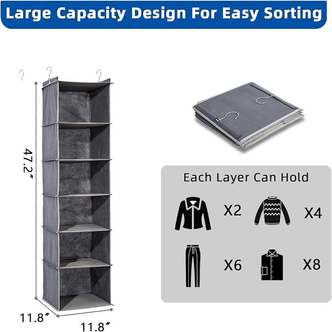 6-Shelf Hanging Closet Organizer and Storage, Collapsible Hanging Shelves - Image 2