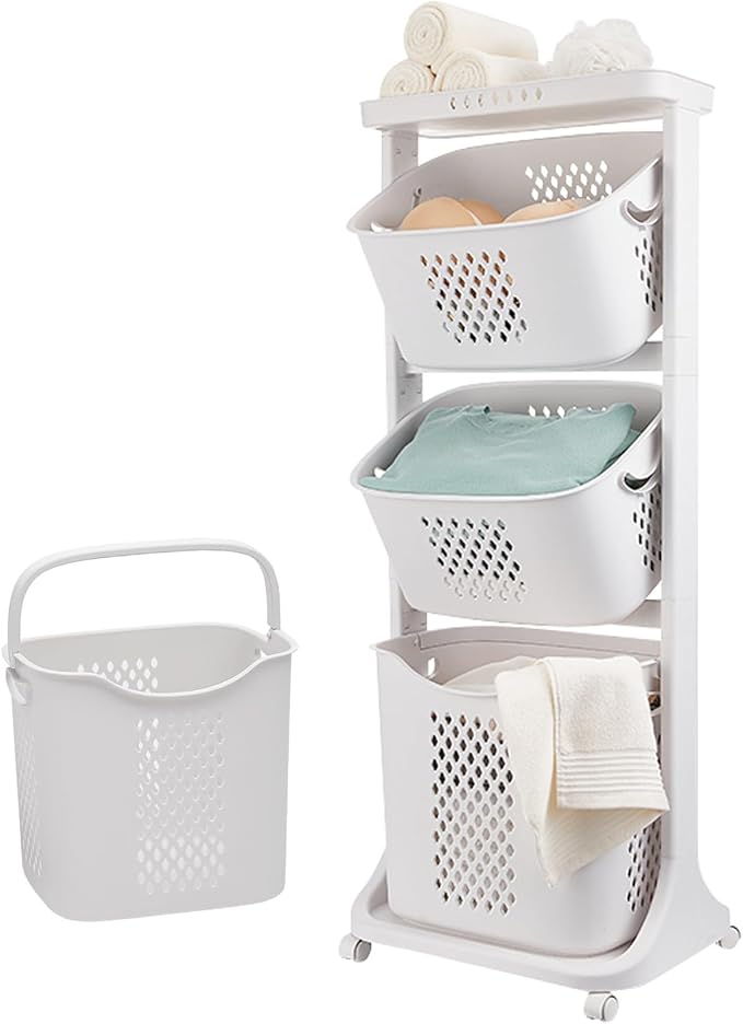 Laundry Basket with Wheels and Handle, Laundry Hamper 3 Section Rolling Laundry by SanBouSi
