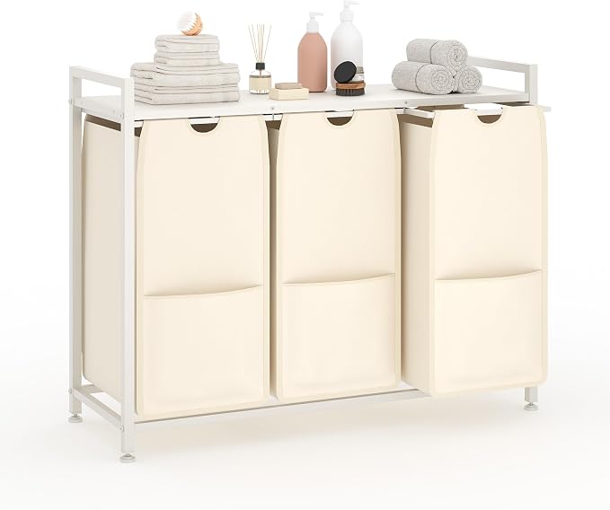 3-Section Laundry Hamper with Shelf, Pull-Out Removable 12.8 gal Bags, Metal by GarveeHome