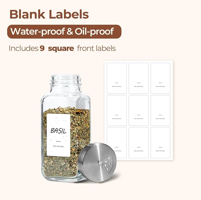 ComSaf Glass Spice Jars with Shaker Lids 8 oz 6 Pack Square | Labels, Seasoning - Image 3