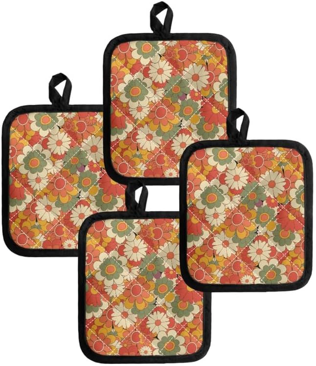 Groovy Flower Pot Holders 2 Sets, Hippie Floral Washable Potholder - Image 4