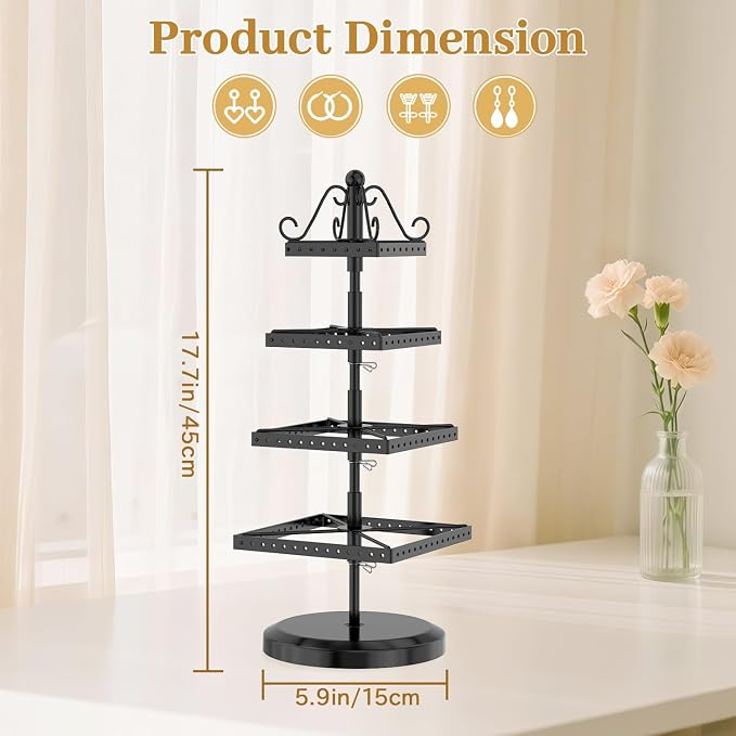 MODOWEY Rotating Earring Holder Organizer Stand, 4 Tier Adjustable Metal - Image 3