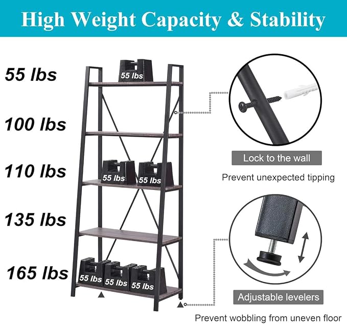 BON AUGURE 5-Tier Ladder Shelf, Industrial Leaning Bookcase, Wood and Metal - Image 4
