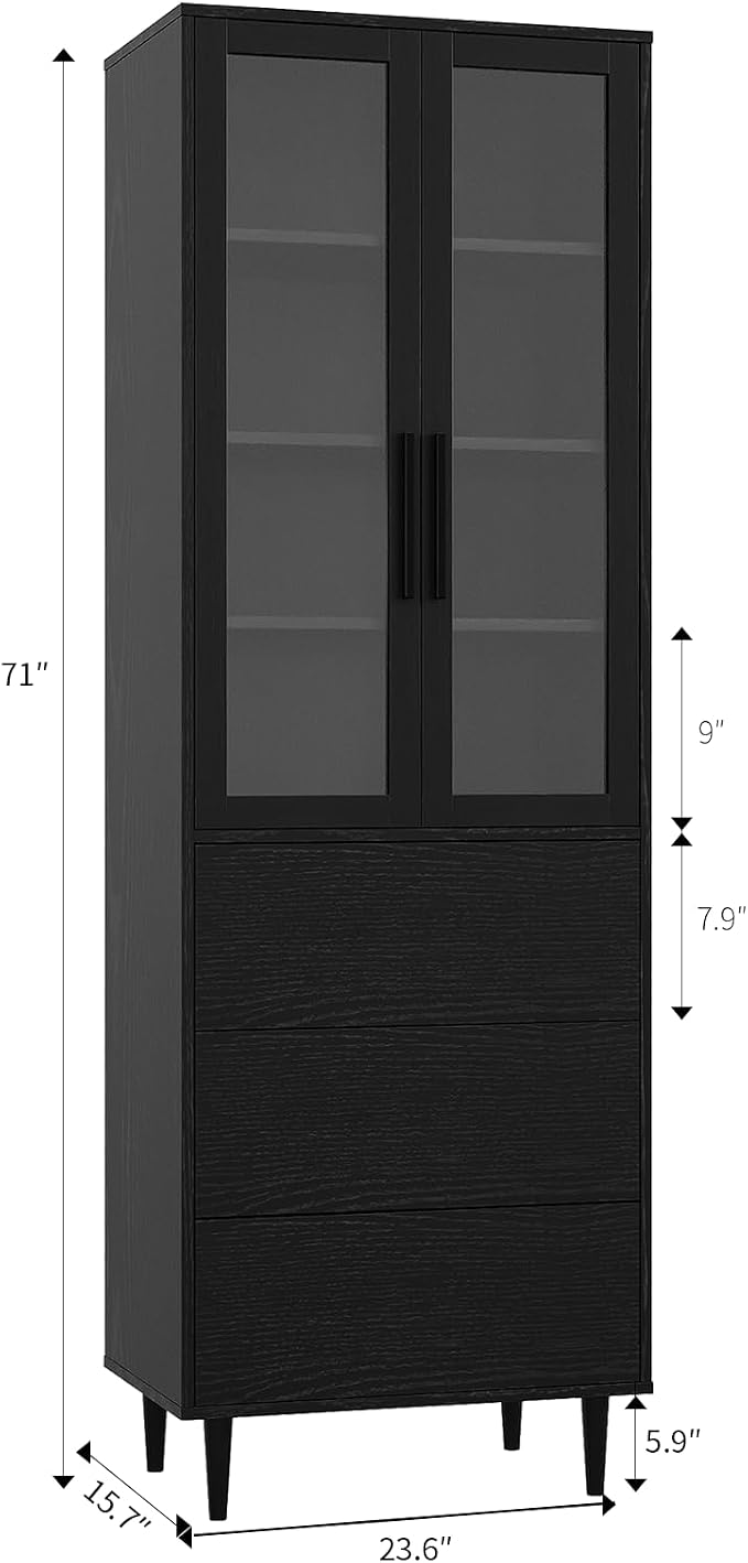 TUSY 70.9“ H Book Shelf with Drawers, 7-Tier Bookcase with Glass Doors - Image 2