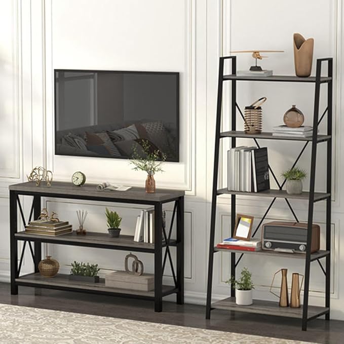 BON AUGURE 5-Tier Ladder Shelf, Industrial Leaning Bookcase, Wood and Metal - Image 7