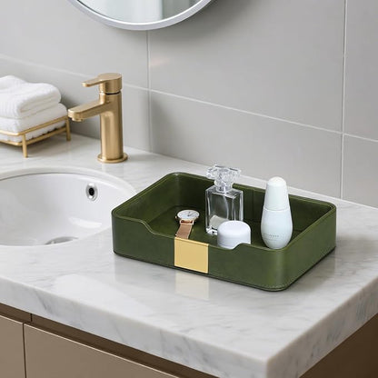 PU Leather Valet Tray with Gold Accent, Decorative Nightstand Organizer Desk - Image 8
