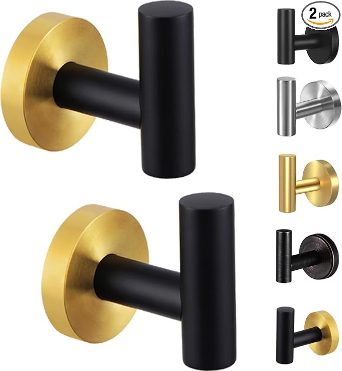 Kruodop Towel Hooks for Bathroom, 2 Packs Wall Mount Towel Holder, Blak Gold by Kruodop
